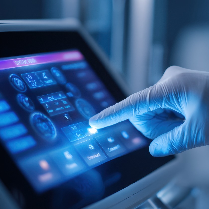 Medizintechniker bei der Bedienung eines medizinischen Touchscreen-Geräts im Krankenhauslabor